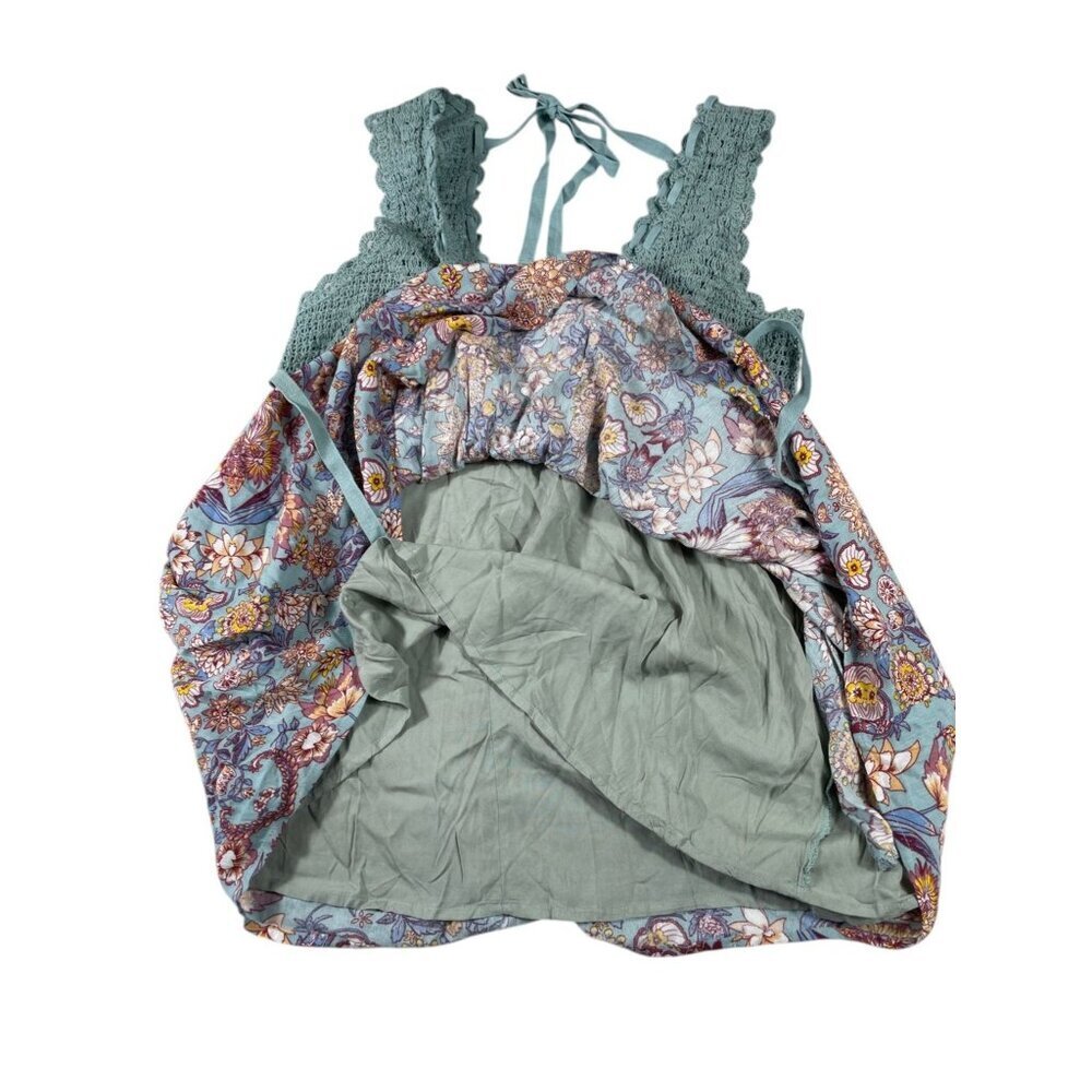 Heyson Floral Crochet Halter Babydoll Mini Dress Shirt Boho Cottagecore Teal SZ - Picture 4 of 9